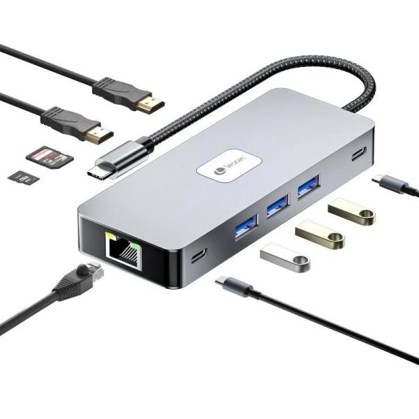 Leotec Adattatore 10 in 1 da USB-C a 2xHDMI 1xRJ45 3xUSB-A 3.0 1xUSB-C PD 1xUSB-C 1xTF/SD1xMicroSD - Colore Grigio