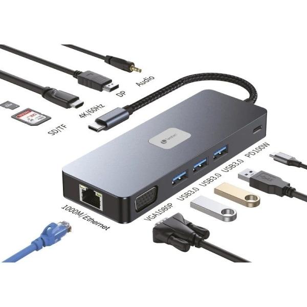 Leotec Adattatore USB-C 11 in 1 Plus a 1xDisplayPort 1xHDMI 1xVGA 1xRJ45 3xUSB-A 3.2 1xUSB-C PD 1xTF1xSD 1x Audio - Colore Grig