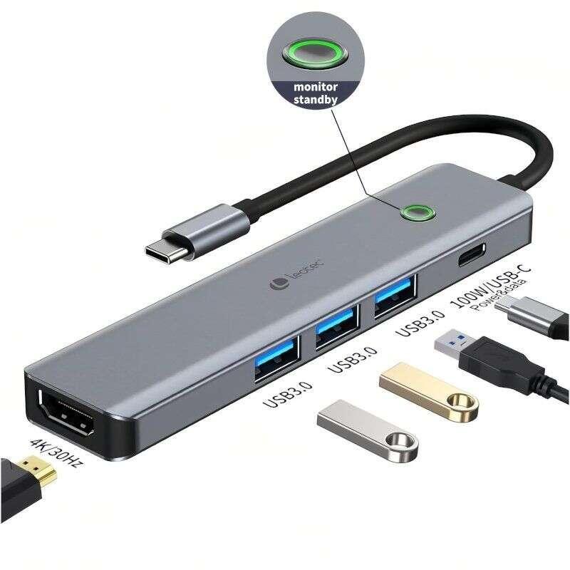 Leotec 5 in 1 da USB-C a 1xHDMI, 3xUSB-A 3.0, 1xPD 100W+adattatore USB-C - Grigio