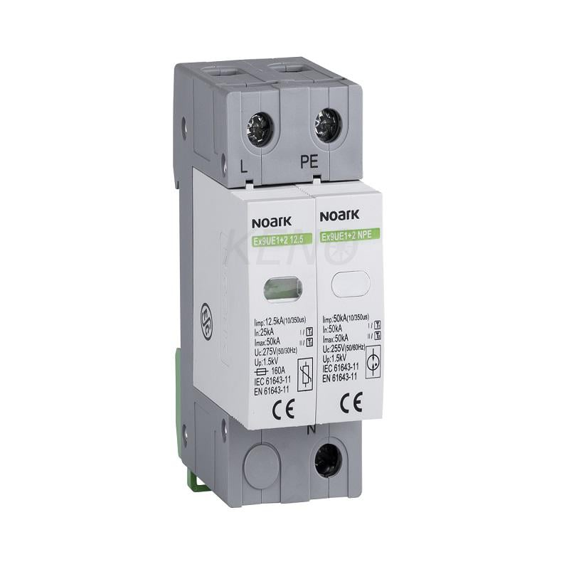Scaricatore di sovratensione, tipo I+II, 275 V AC, 12,5 kA, elemento fusibile sostituibile, 1+N polo.
