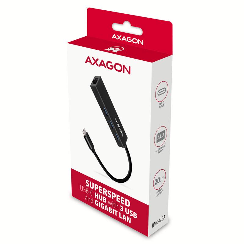 Axagon HMC-GL3A USB-C-Hub 3x USB-A Gbit-LAN schwarz USB 3.2 Gen 1 (3.1 Gen 1) Type-C 5000 Mbit/s Nero