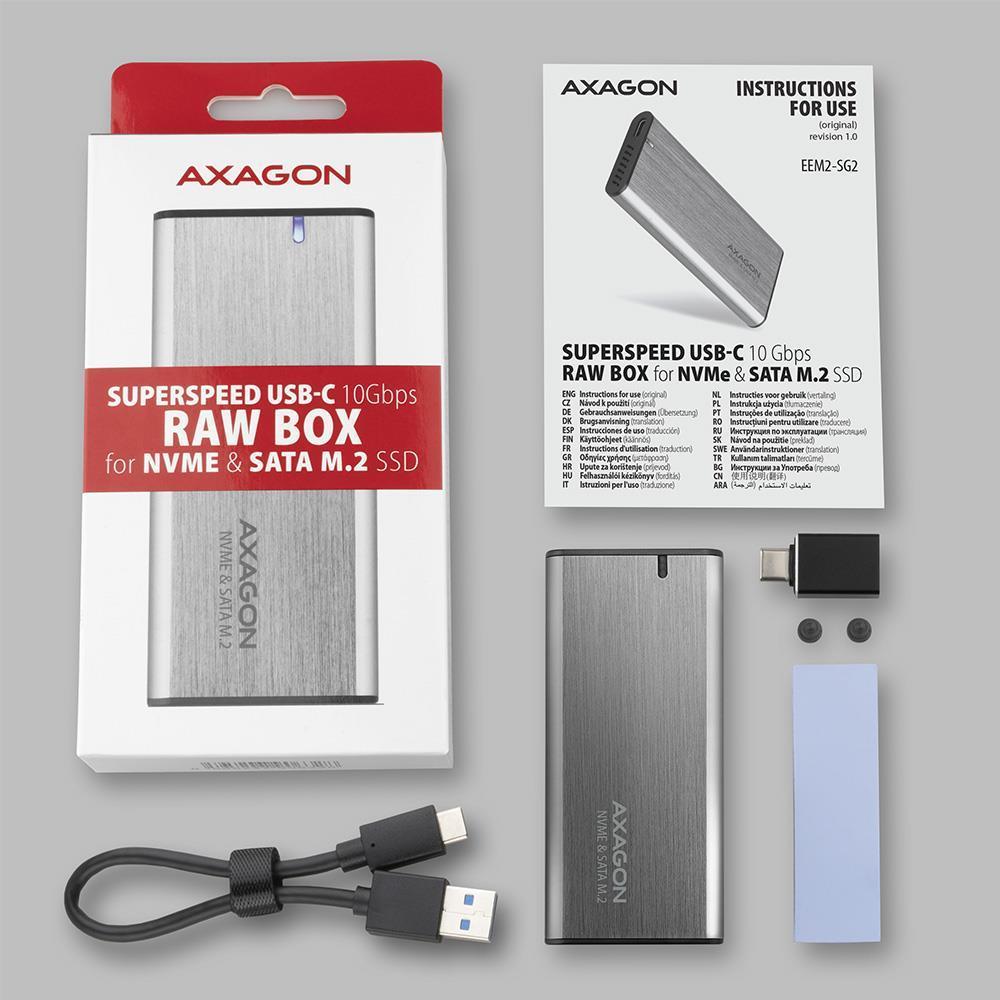 Scatola esterna per SSD NVMe e SATA M.2 con USB-C SuperSpeed Axagon EEM2-SG2