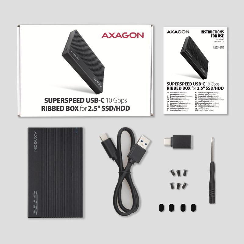Axagon EE25-GTR USB-C 3.2 GEN 2-SATA 6G, alloggiamento del disco rigido esterno da 2,5 ", ondulato nere (EE25-GTR)