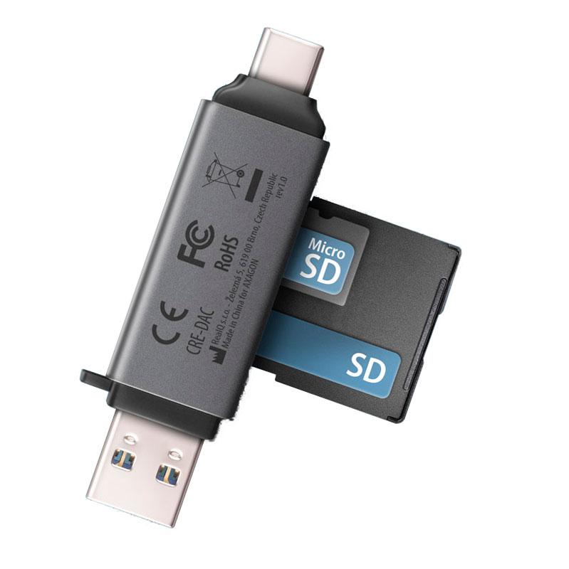Axagon CRE-DAC USB-C USB-A 5 Gbps MINI card reader 2-slot & lun SD/microSD lettore di schede USB 3.0 Type-A/Type-C Grigio