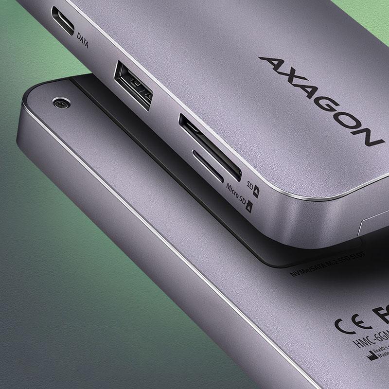 Axagon HMC-6GM2 Multiport-Hub, USB-C 3.1, M.2-NVME/SATA, HDMI, Gbit LAN, 1x USB-A, 1x USB-C, CR (HMC-6GM2)