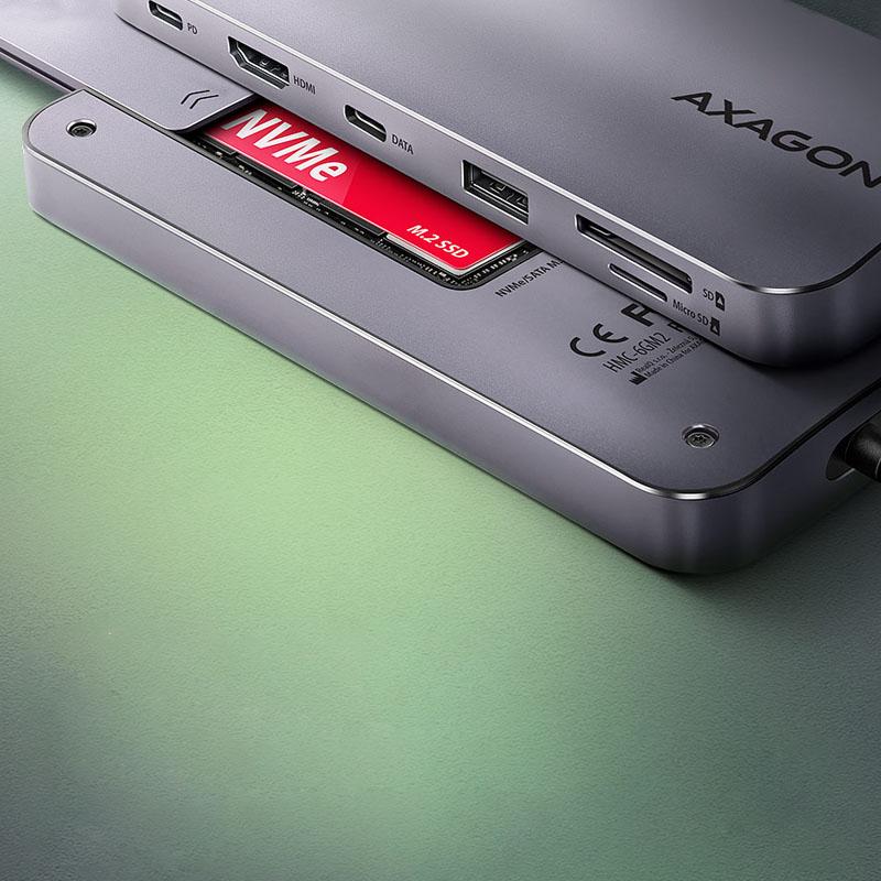 Axagon HMC-6GM2 Multiport-Hub, USB-C 3.1, M.2-NVME/SATA, HDMI, Gbit LAN, 1x USB-A, 1x USB-C, CR (HMC-6GM2)