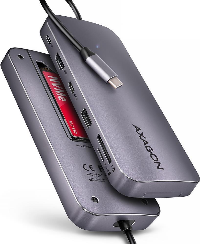 Axagon HMC-6GM2 Multiport-Hub, USB-C 3.1, M.2-NVME/SATA, HDMI, Gbit LAN, 1x USB-A, 1x USB-C, CR (HMC-6GM2)