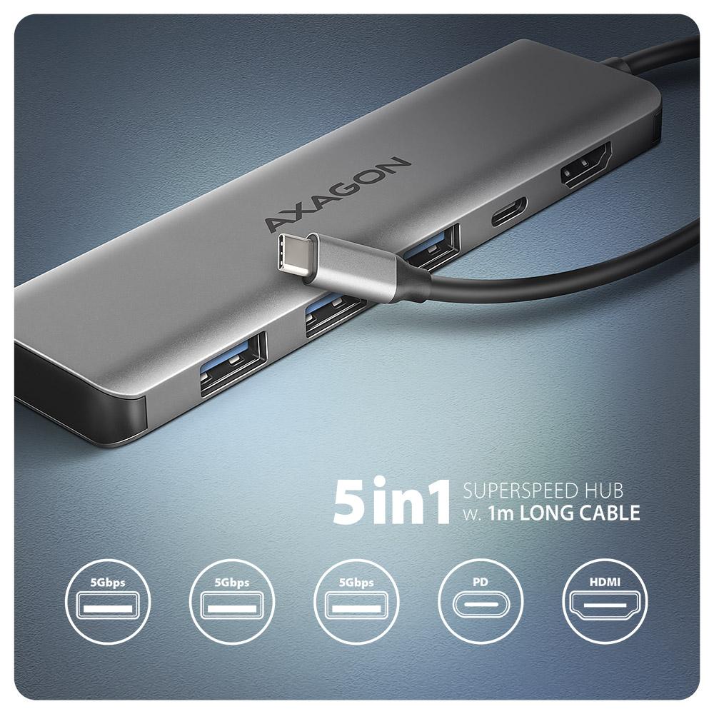 *HMC-5H Hub USB 5in1 5Gb ps, 3xUSB, HDMI, PD100W