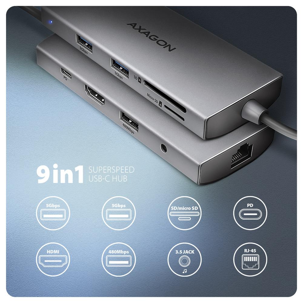 *HMC-8HLSA Hub USB 8in1 5Gbps HDMI audio LAN PD