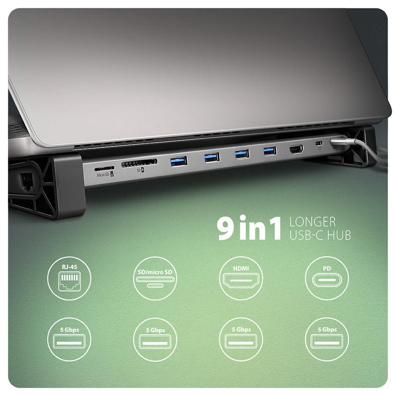 AXAGON HMC-10HLS, hub USB 5Gbps, 4x USB-A, HDMI 4k/60Hz, RJ-45 GLAN, SD/mSD, PD 100W, cavo 25cm