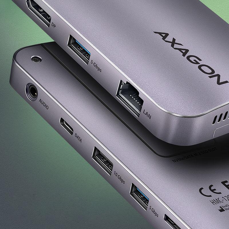Axagon HMC-12GM2 Multiport-Hub, USB-C 3.1, M.2-NVME/SATA, DP + HDMI, Gbit-Lan, 3x USB-A, 1x USB-C, CR (HMC-12GM2)