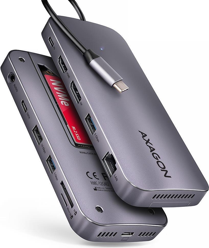 Axagon HMC-12GM2 Multiport-Hub, USB-C 3.1, M.2-NVME/SATA, DP + HDMI, Gbit-Lan, 3x USB-A, 1x USB-C, CR (HMC-12GM2)