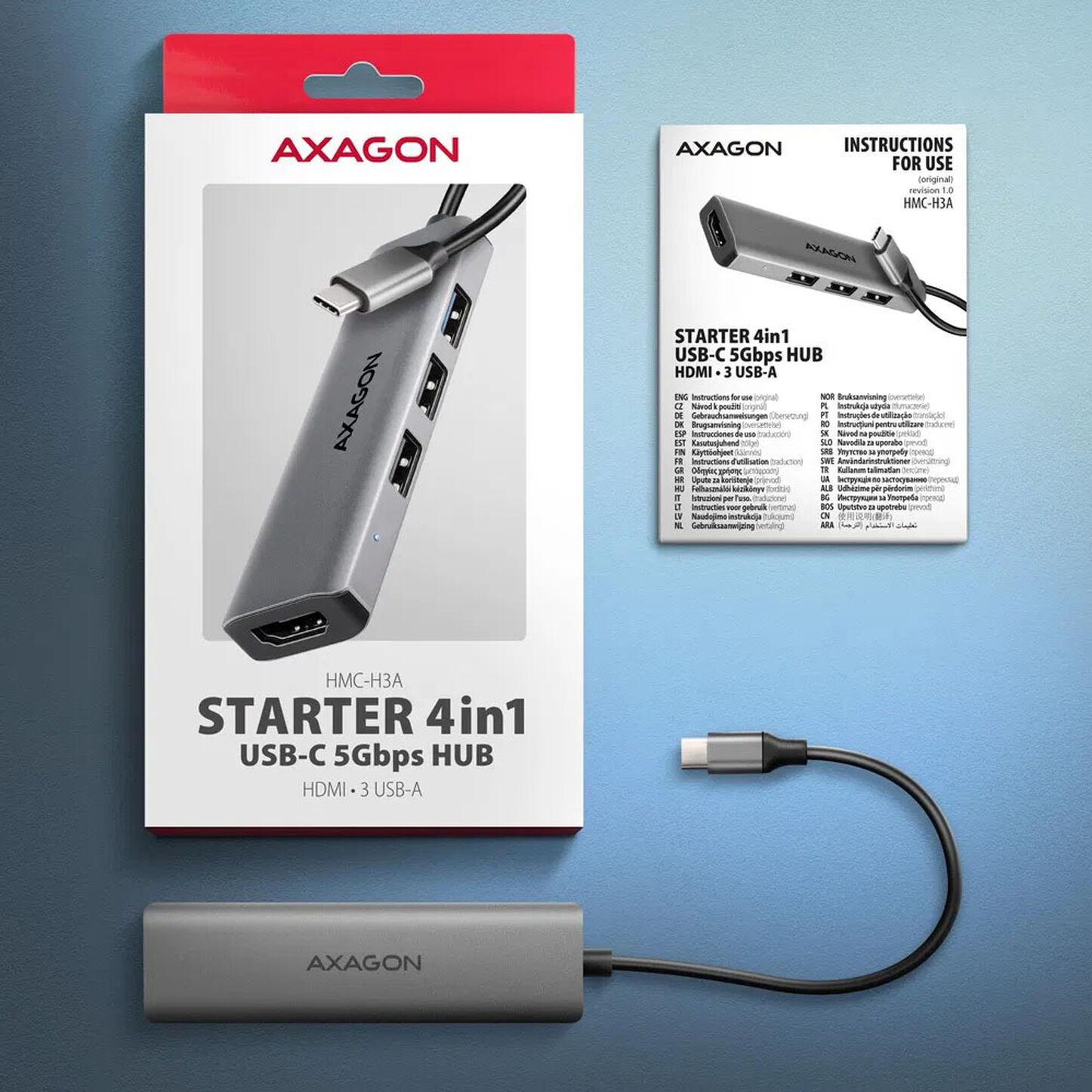 Axagon HMC-H3A replicatore di porte e docking station per laptop Cablato USB 3.2 Gen 1 (3.1 Gen 1) Type-C Argento