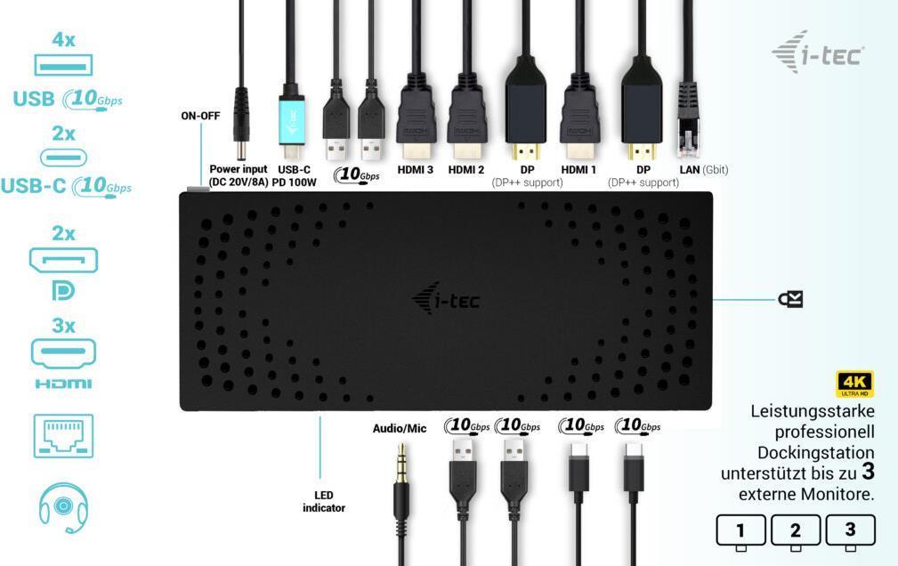 i-tec USB 3.0 / USB-C / Thunderbolt 3x 4K Docking Station Gen 2 Power Delivery 100W (I-TEC USB 3.0 3X 4K DOCK GEN 2 - USB 3.0/