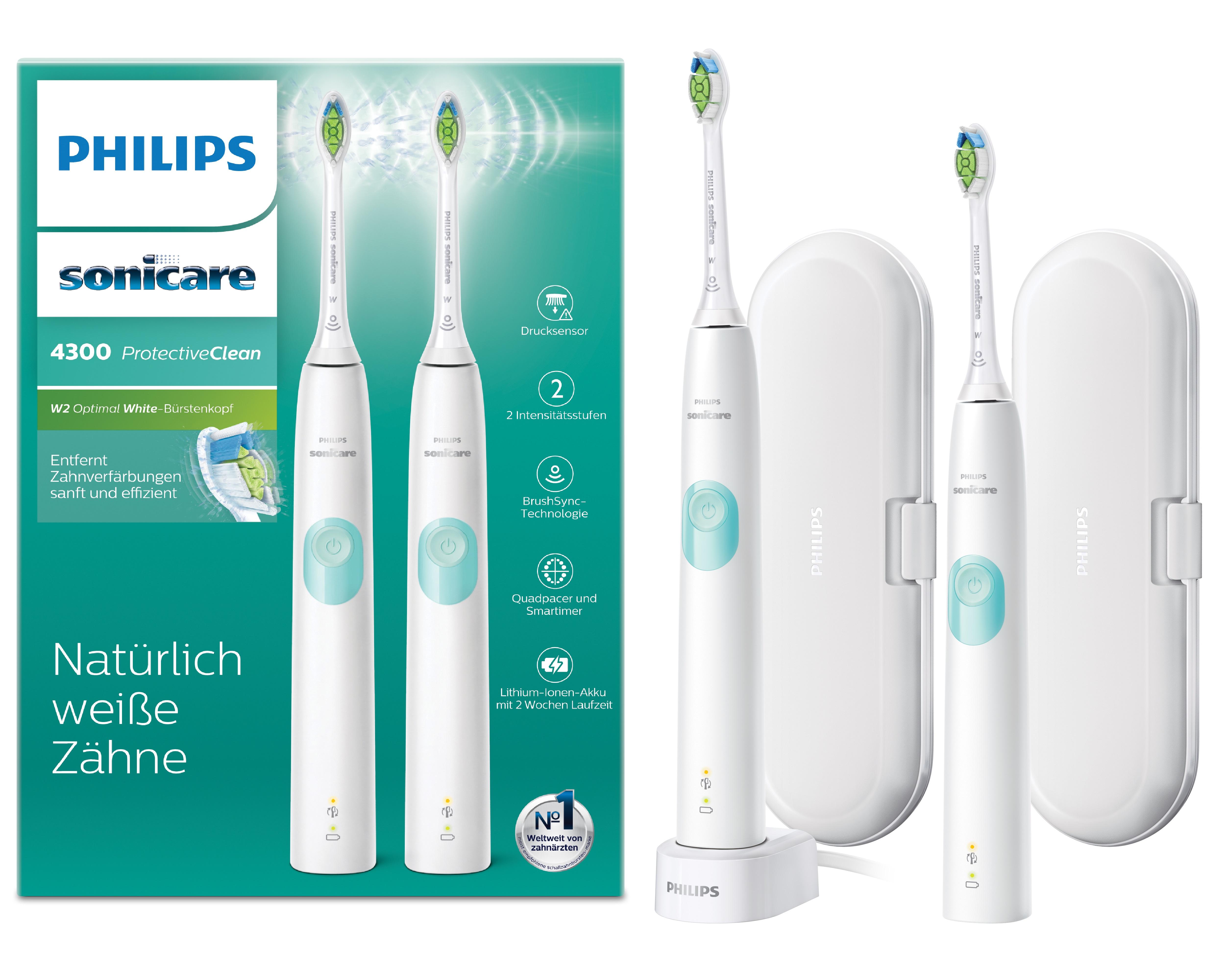 Philips Sonicare ProtectiveClean Spazzolini Elettrici Sonici, con custodia da viaggio, confezione da 2 Spazzolini Bianchi HX680