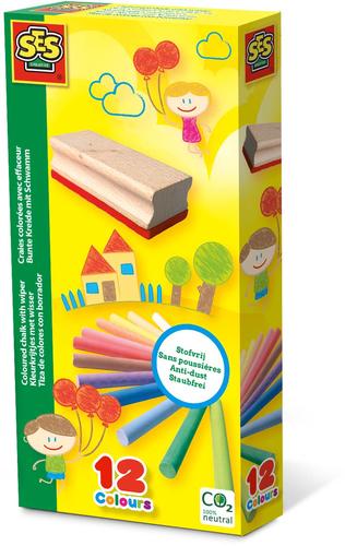 SES Creative Gessi colorati con cancellino (SES CREATIVE Children's Coloured Chalk with Wiper Set 12 Colours Unisex 2 to 12 Yea