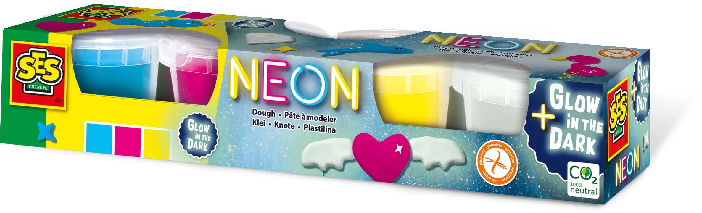 SES Creative Plastilina fosforescente e fluorescente 4x90gr (SES CREATIVE Children's Modelling Dough Neon and Glow-in-the Dark