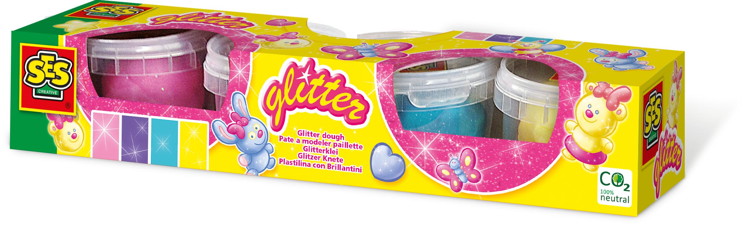 SES Creative Plastilina con brillantini (SES CREATIVE Children's Glitter Clay Modelling Dough Set 4 Colour Pots 2 to 12 Years M