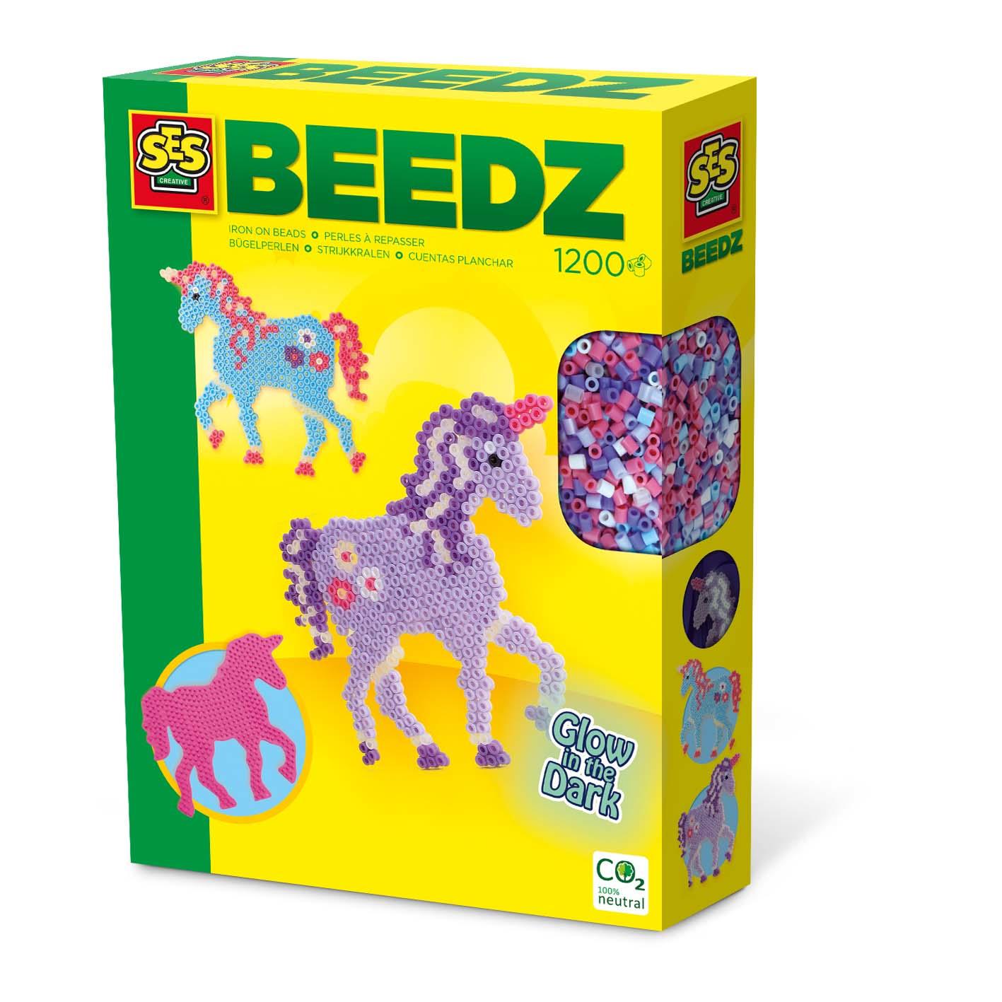 SES Creative Perline da stirare - unicorni (SES CREATIVE Children's Beedz Unicorn Fantasy Horses Glow-in-the-Dark Iron-on Beads