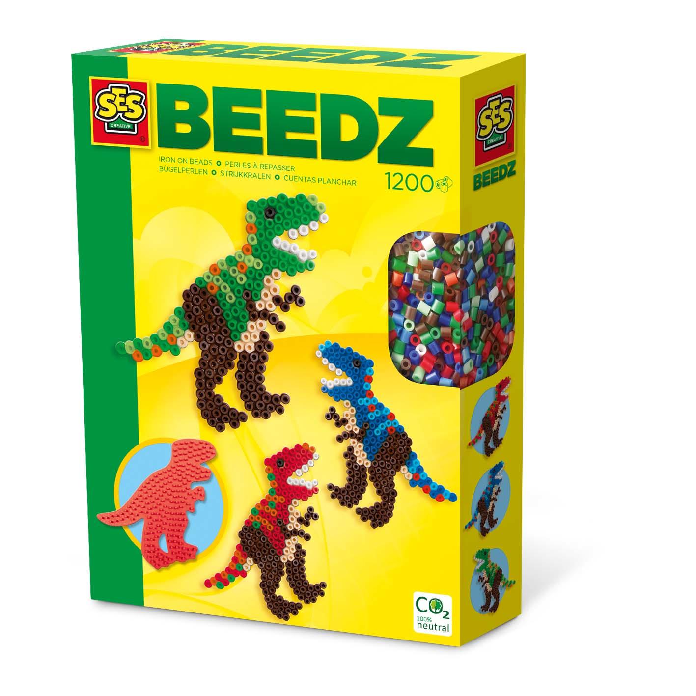 SES Creative Perline da stirare T-Rex (SES CREATIVE Children's Beedz T-Rex Iron-on Beads Mosaic Set 1200 Iron-on Beads Mix Unis