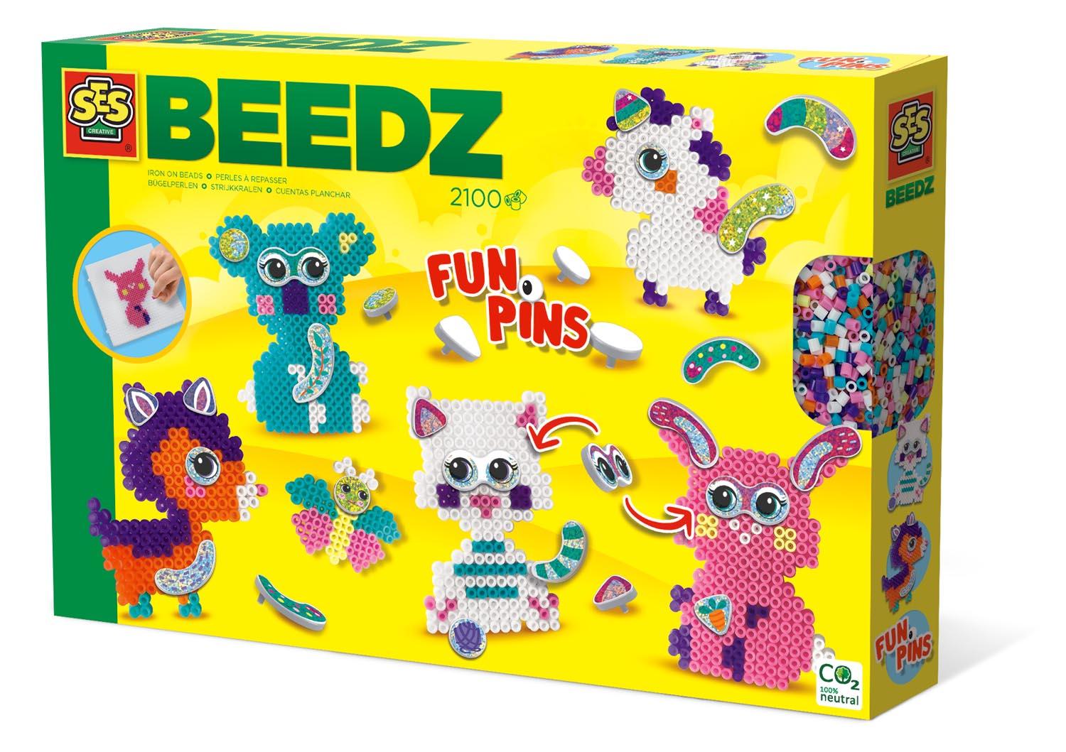 SES CREATIVE Beedz Iron-On-Beads Funpins Glitter Animals Square Pegboard 2100 Iron-On Beads 5 Years and Above 06217