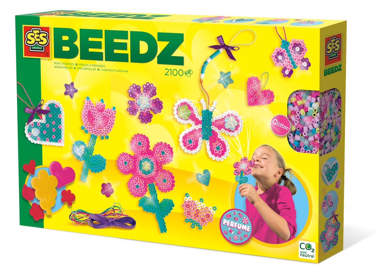 SES CREATIVE Beedz Iron-On Beads Flower & Love Pegboards with Perfume 2100 Iron-On Beads 5 Years and Above 06219