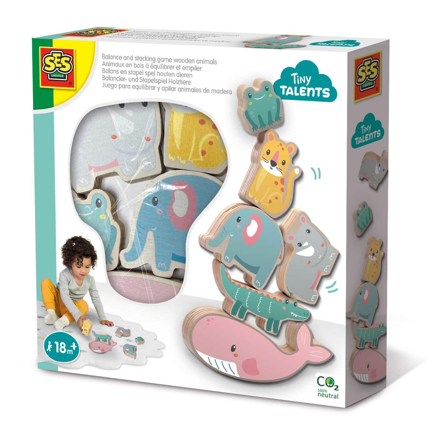 SES CREATIVE Tiny Talents Balance and Stacking Game Wooden Animals 18 Month and Above 13121