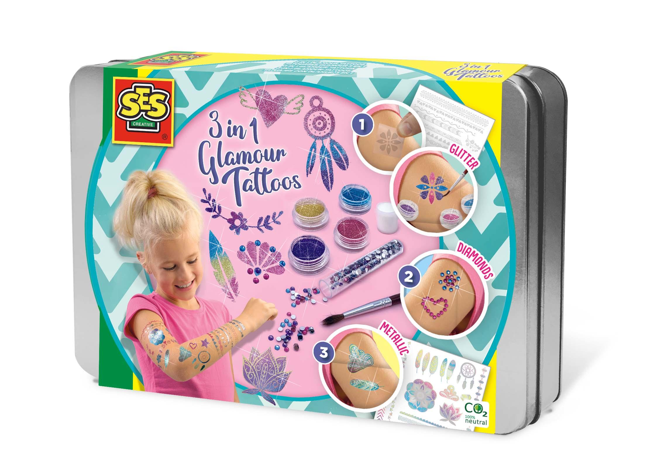SES Creative Tatuaggi glamour 3 in 1 (SES CREATIVE Children's 3-in-1 Glamour Temporary Tattoos Set Girl 5 Years and Above Multi