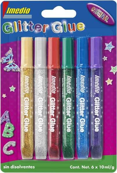 Imedio Colla Glitter "Originale" Confezione da 6 Tubi di Colla Glitter da 10ml - Per Diversi Materiali - Tubo Extra Morbido - U