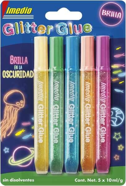 Imedio Colla Glitter "Glow in the Dark" Confezione da 5 Tubi di Colla Glitter 10ml - Si Illumina al Buio - Per Diversi Material