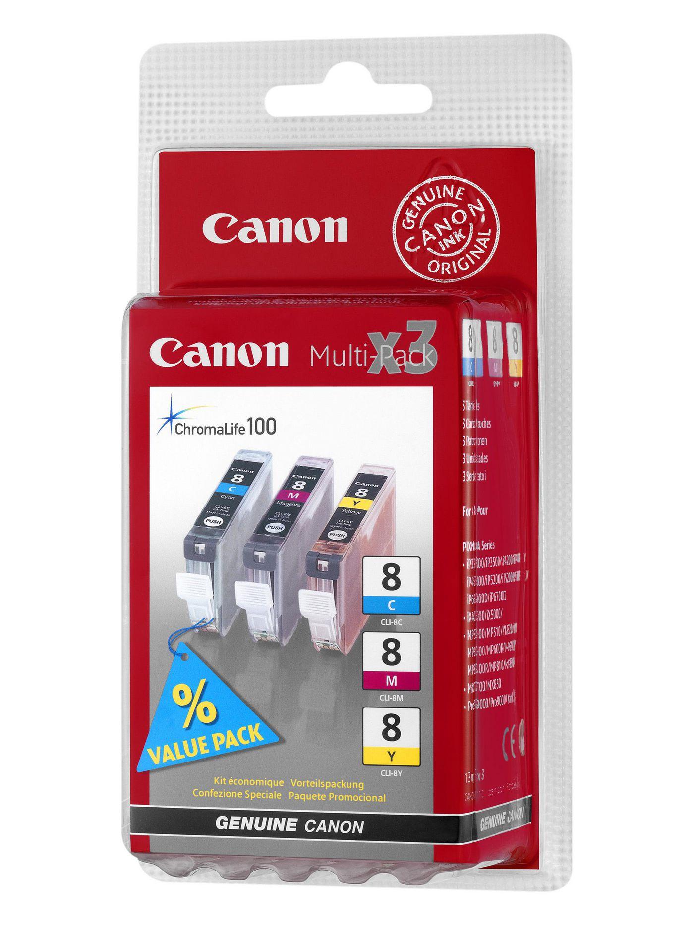 Serbatoi Inchiostro CHROMALIFE100 CLI-8 C/M/Y MULTIPACK Confezione blister contenente n.1 serbatoio CLI-8C, n.1