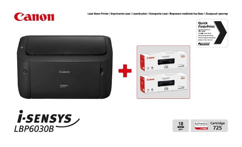 KIT STAMPANTE CANON LASER i-Sensys LBP6030B A4 18PPM 150FF USB2.0 2 TONER CRG725 inclusi nella confezione