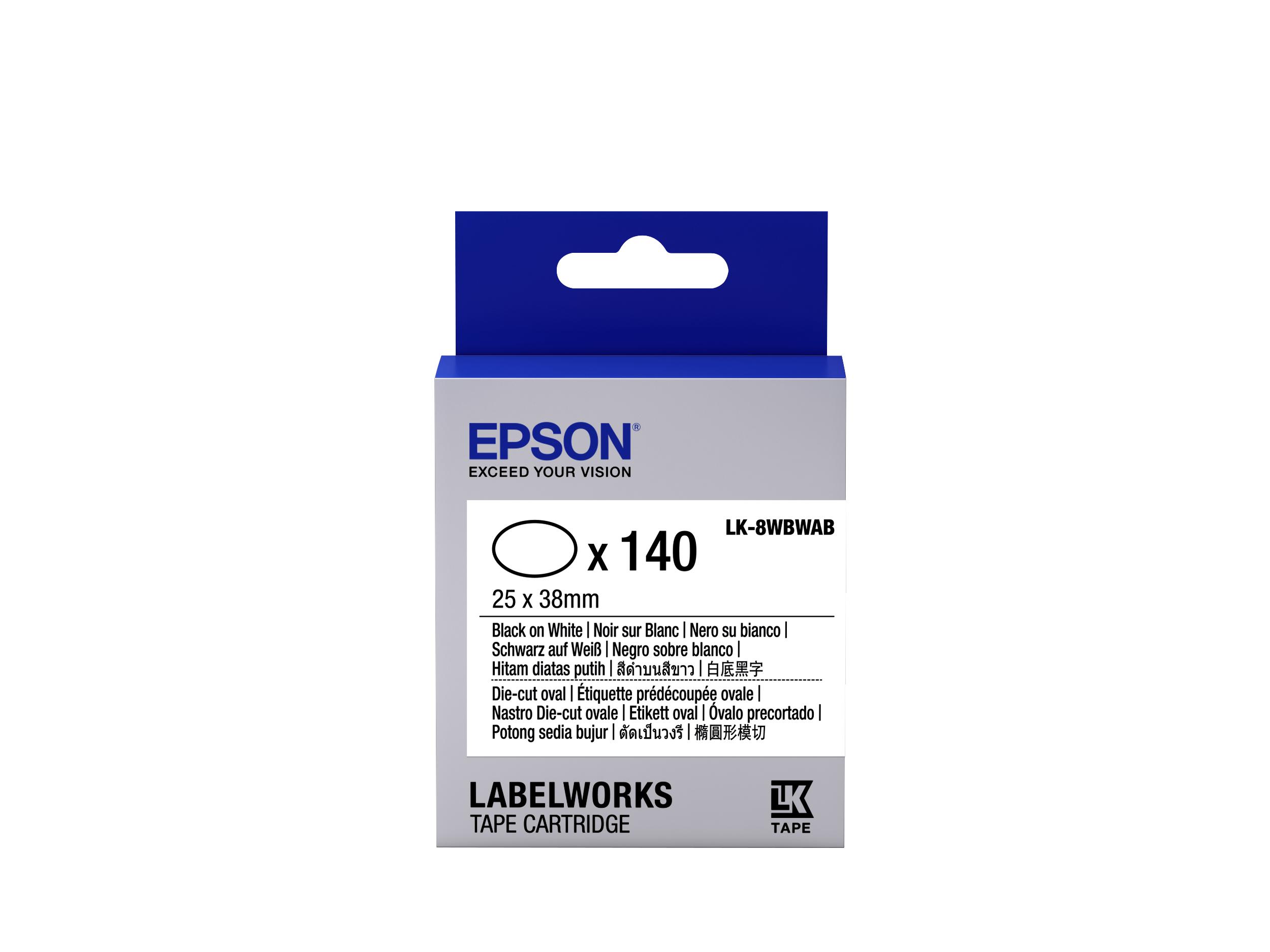 Epson Nastro fondo pretagliato ovale Bianco per testo Nero Die-Cut 25x38mm/140 etichette LK-8WBWAB