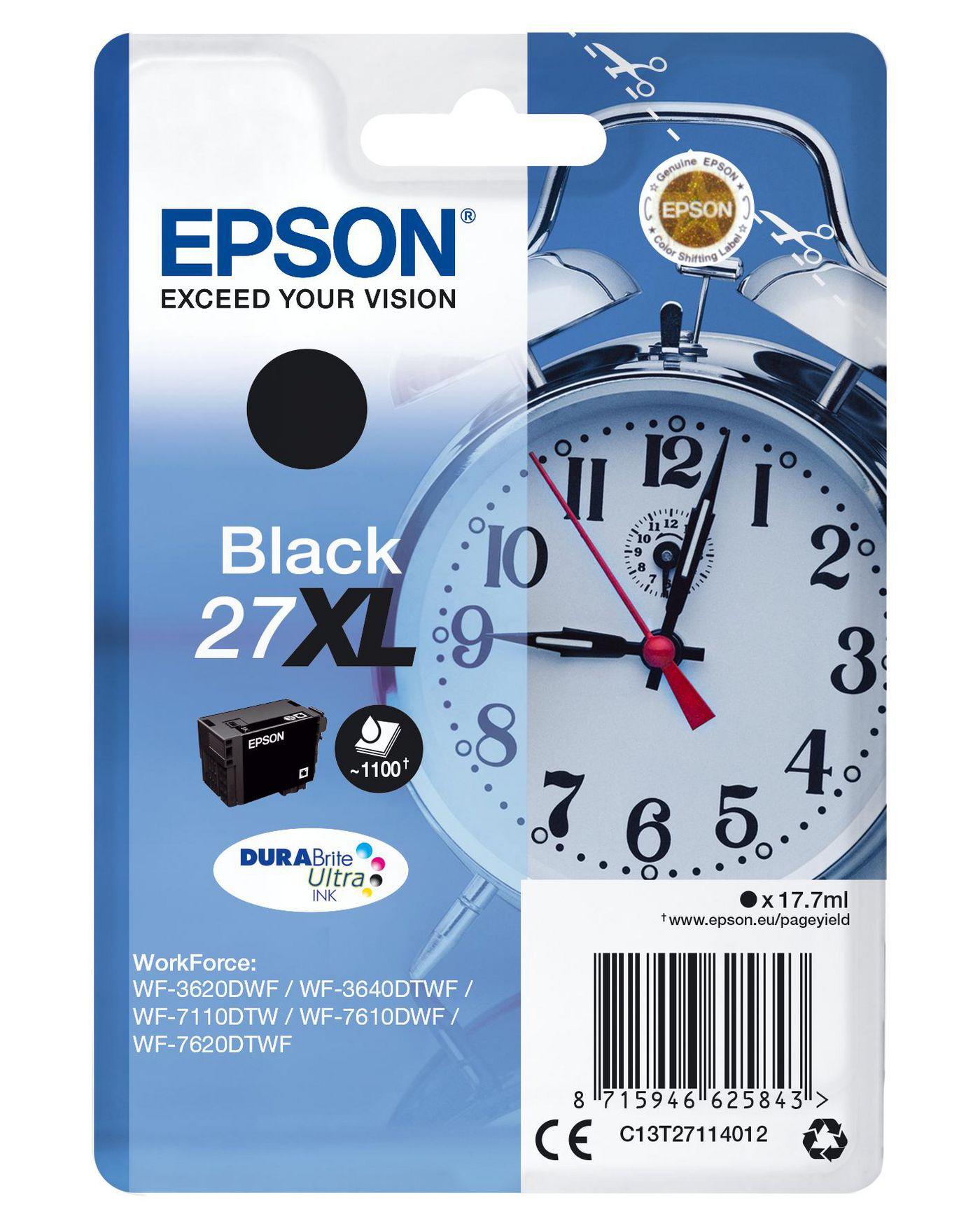INK EPSON C13T27114012 Nero Sveglia (Taglia XL) x WF-3620 WF-7110DTW WF-7610DWF WF-7620DTWF WF-7210DTW WF-7710DWF WF-7720DTWF