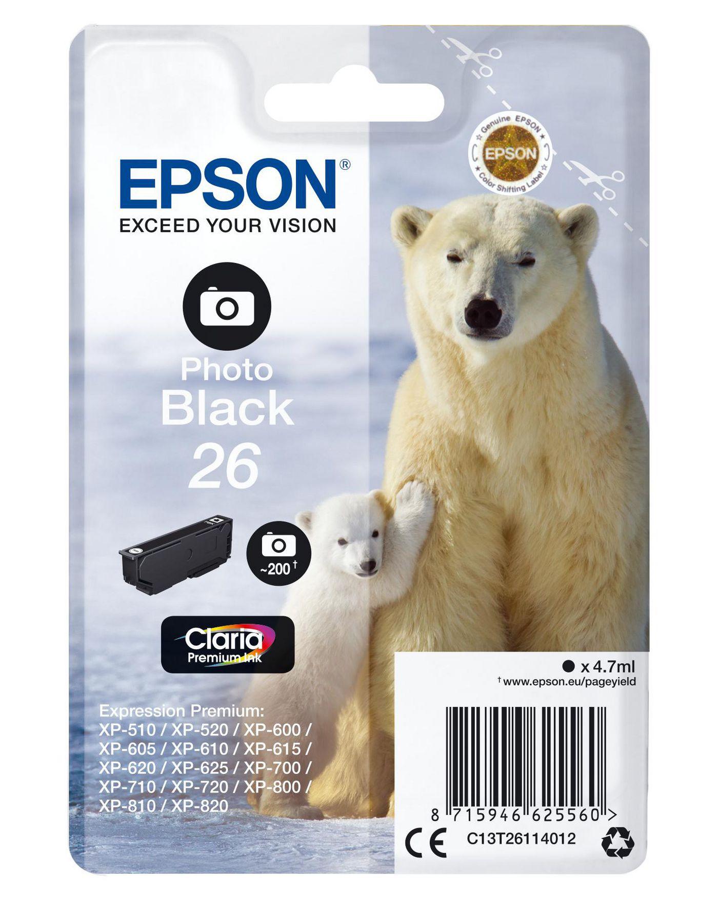 EPSON 26 CARTOUCHE ENCRE PHOTO NOIR CAPACITÃƒâ€° STANDARD 4.7ML 200 PHOTOS 1-PACK RF-AM BLISTER