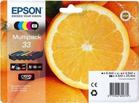 Epson 33 Multipack - Confezione da 5 - 244 ml - Nero Giallo Ciano Magenta Nero Fotografico - Originale - Blister con segnale di