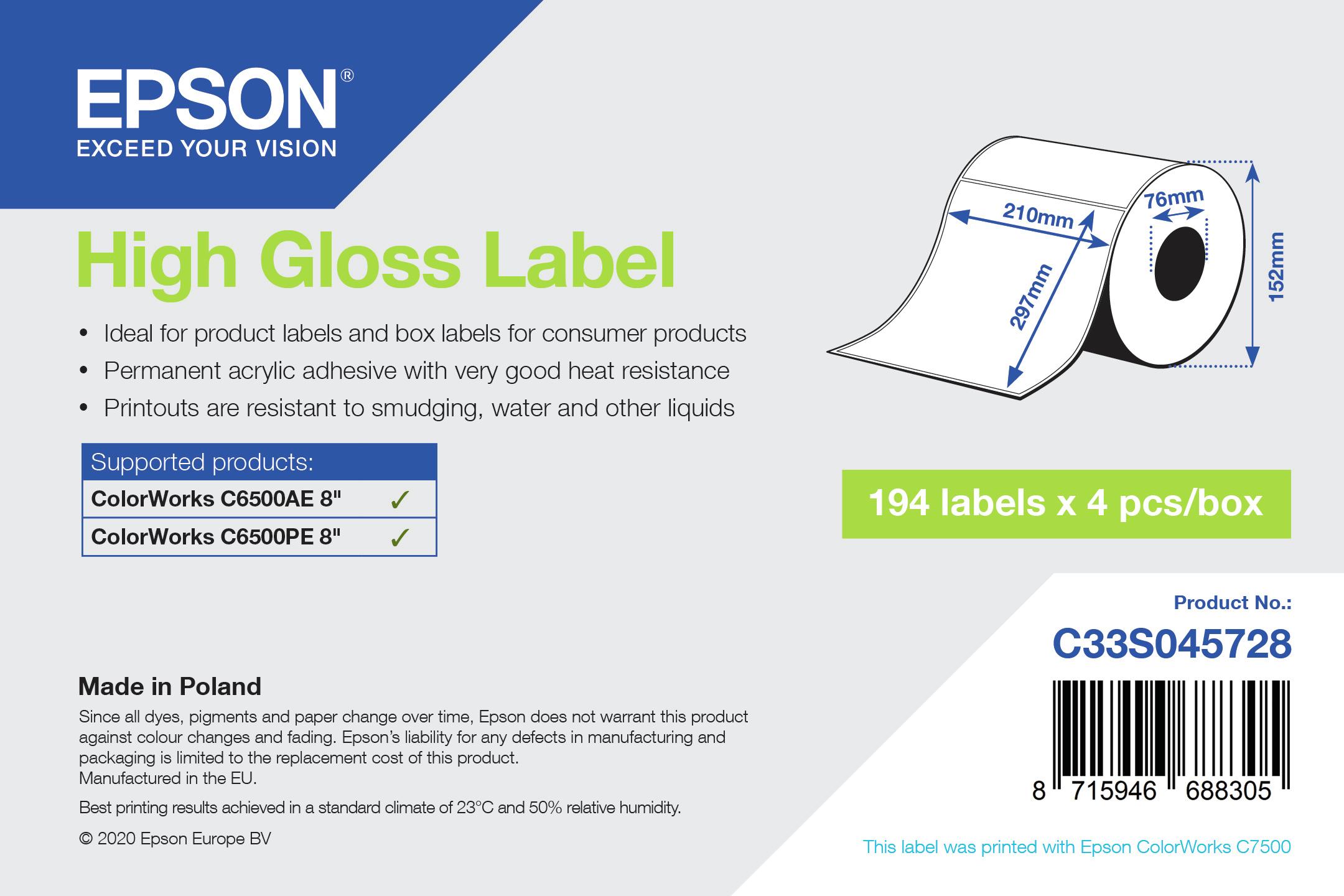 Etichette per stampante Epson High Gloss Label - Die-Cut Roll: 210mm x 297mm, 194 labels [C33S045728]