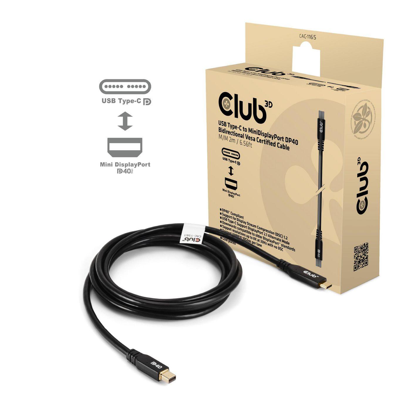 Cavo USB Tipo C (maschio) DisplayPort Mini 2.1 (maschio) 2.0m Club 3D