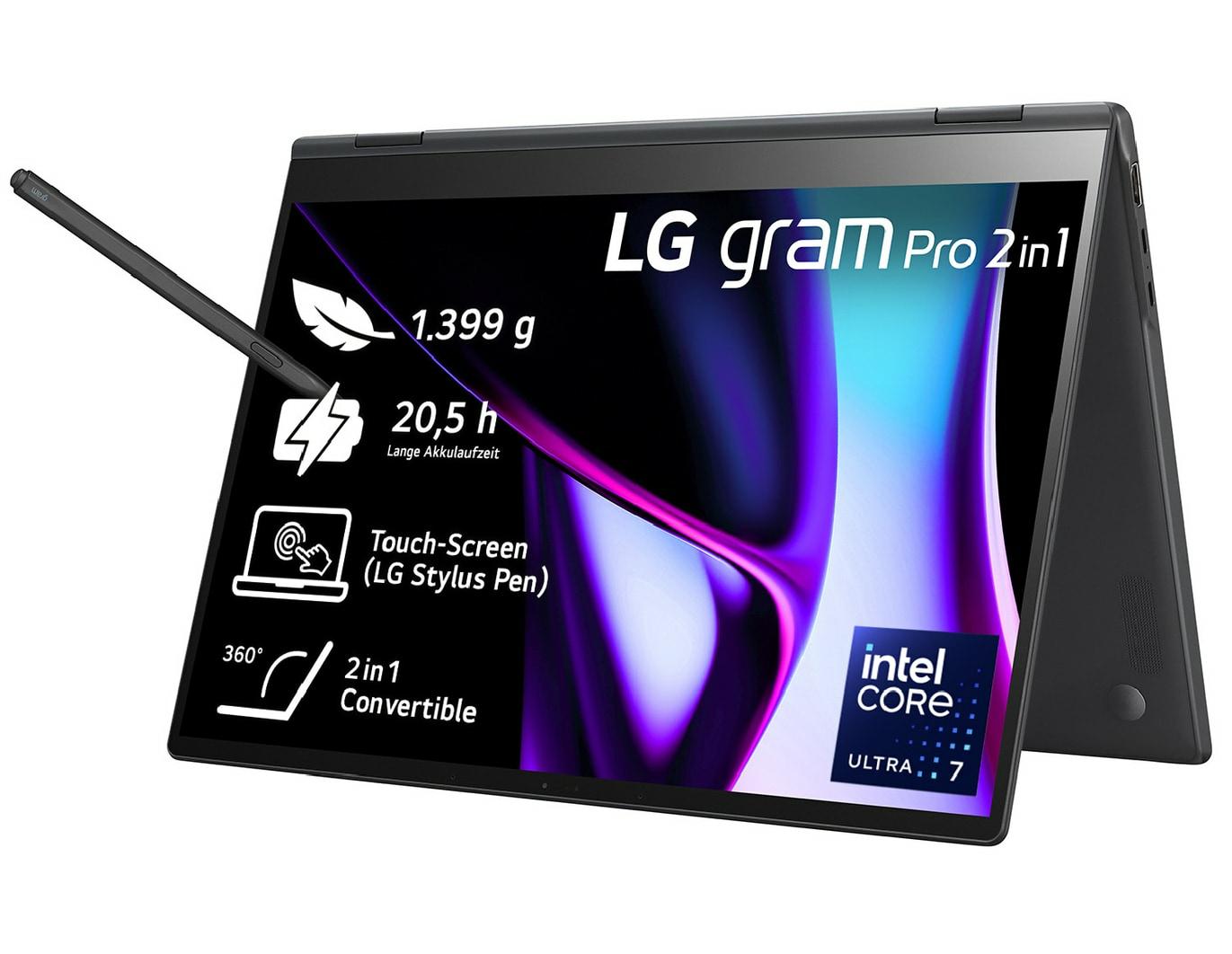 LG Gram Pro 16T90SP-K Intel Core Ultra 7 155H Ibrido (2 in 1) 406 cm (16") Touch screen WQXGA 16 GB LPDDR5x-SDRAM 1 TB SSD Wi-F