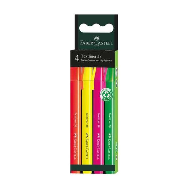 Faber-Castell Textliner 38 Confezione da 4 Pennarelli Fluorescenti - Corpo Fine - Punta a Scalpello - Linea Spessa e Fine - Inc