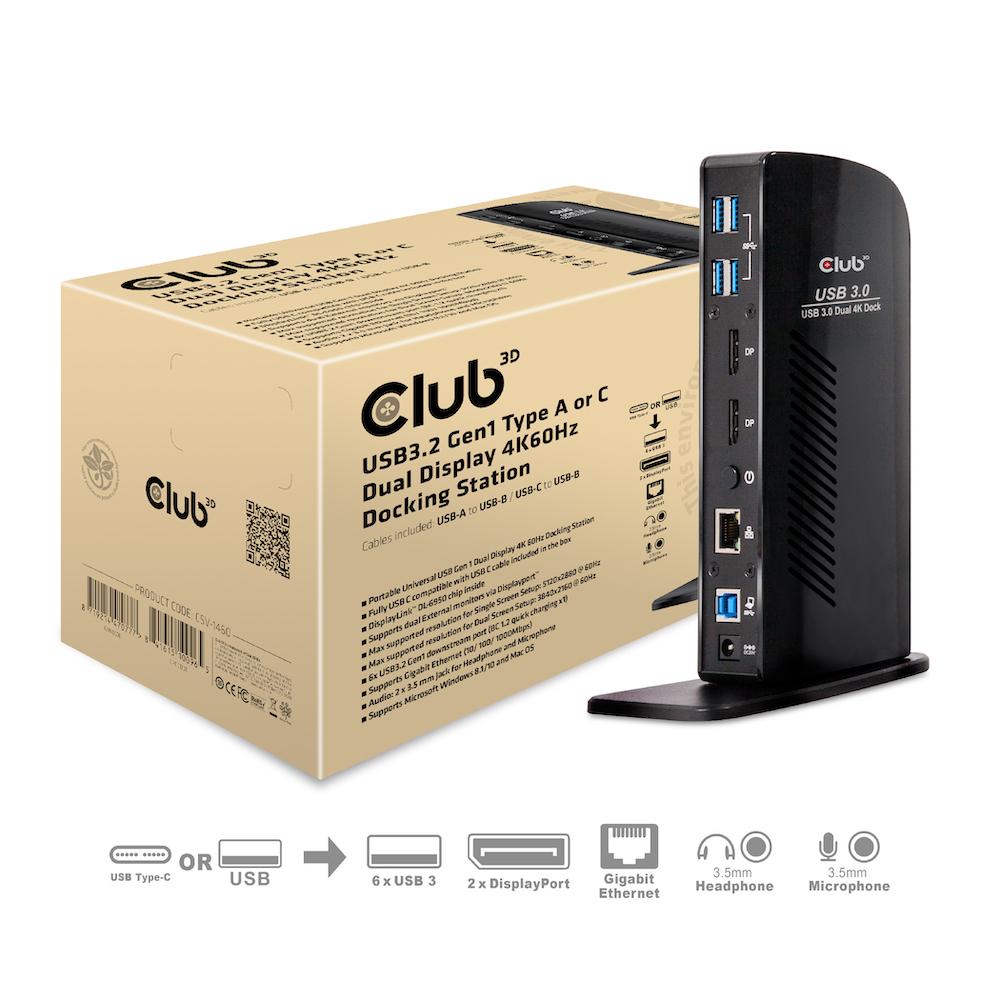 CLUB3D USB3.2 Gen1 Type A or C Dual Display 4K60Hz Docking Station DisplayLink Certified (Club3D SenseVision USB 3.0 Dual Displ