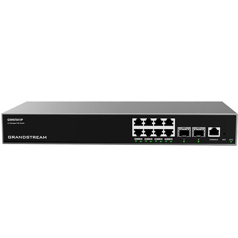 Grandstream GWN7811P - Layer 3 Managed Network Switch, 8x GbE RJ45 PoE 802.3 af/at, up to 30W per port, 2x SFP+, fan-less. Util