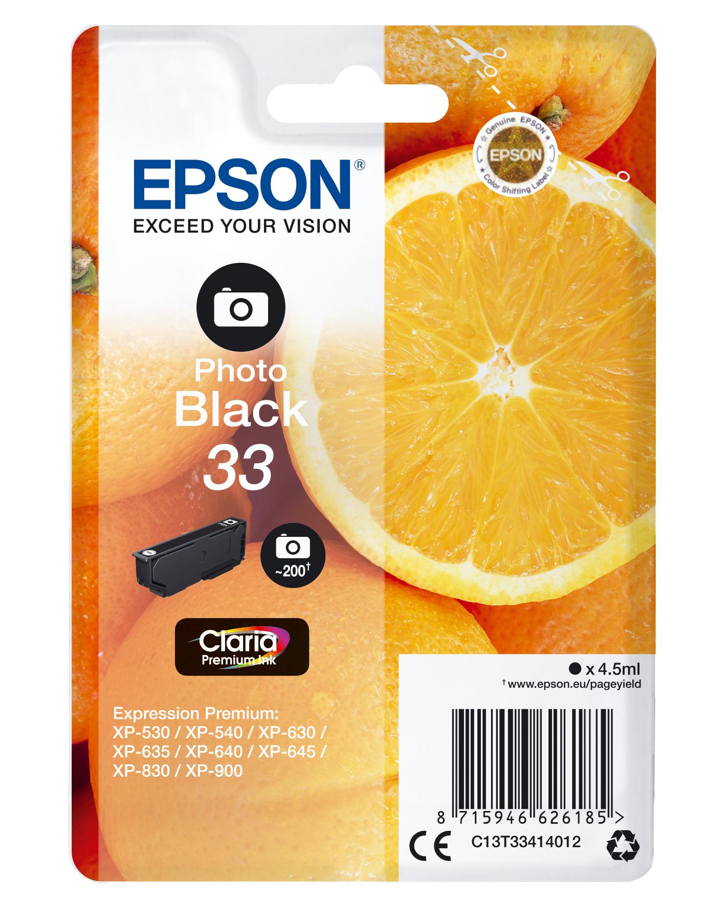 Epson Oranges Cartuccia Nero foto T33 Claria Premium (EPSON 33 PHOTO BLACK INK ORANGES 1 x 4.5 ml STANDARD)