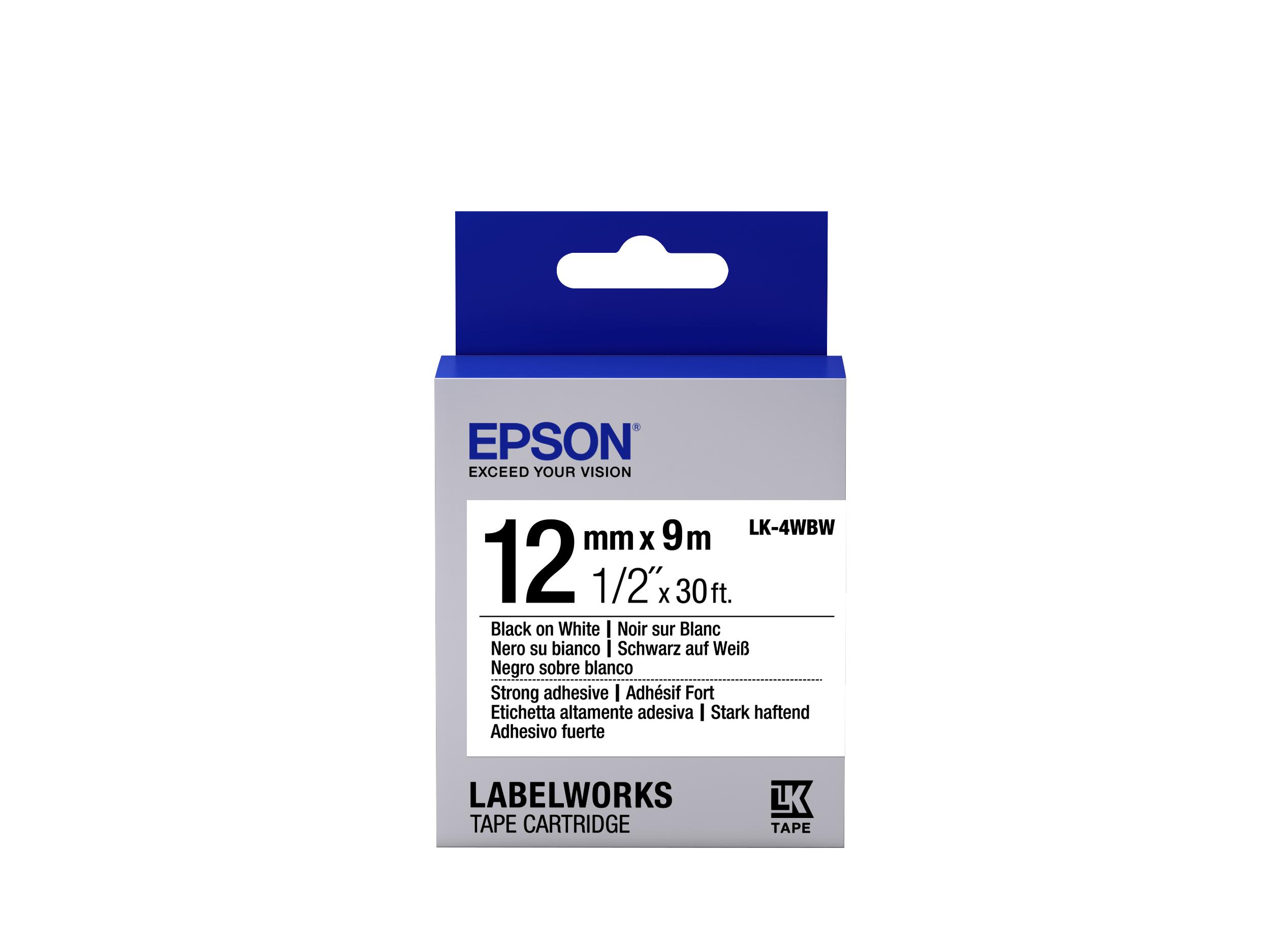 Epson Nastro fondo Bianco per testo Nero altamente adesivo 12/9 LK-4WBW (TAPE LK-4WBW STRNG ADH BLK-/WHT - WHT 12/9)