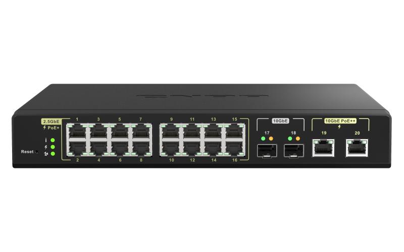 QNAP SWITCH - QSW-M2116P-2T2S, 16 ports 2.5GbE RJ45 with PoE 802.3at(30W), 2 ports 10GbE SFP+, 2 ports 10GbE RJ45 with PoE 802.